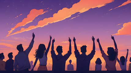 Fototapeta premium Group of Friends Cheering with Hands Raised at Sunset