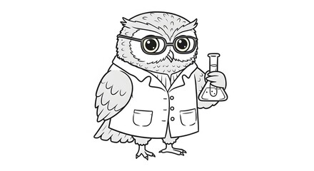 Wise Owl Scientist: A Monochrome Illustration of a Spectacled Owl in a Lab Coat Holding Scientific Flask.