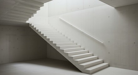 Obraz premium Ascending White Concrete Staircase with Handrail in Modern Architecture