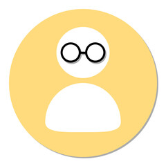 A simple, clean, flat, graphic minimalist icon of a user profile with glasses, account. It shows a white silhouette of a person's head and shoulders inside a solid yellow circle
