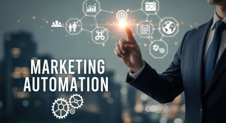 Marketing automation concept: Businessman touching virtual interface with business icons for process and workflow optimization strategy