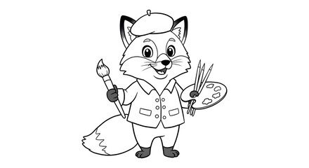 Fototapeta premium Cartoon Fox Artist with Brush Palette and Pencils Smiling Black and White.