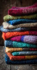 Stack of colorful knitted scarves