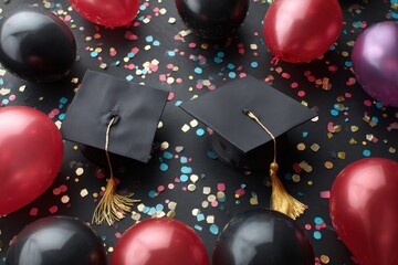 Graduation celebration with caps, balloons, and confetti during a festive gathering marking academic achievements