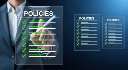 Business Professional Reviewing Corporate Policies and Procedures Checklist on a Digital Interface with Agreement