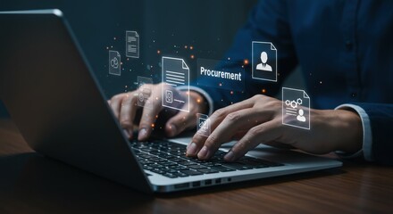 Hands typing on laptop with digital document icons floating above