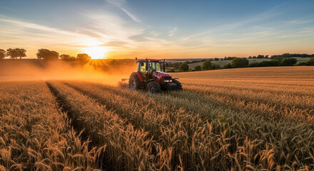Obraz premium Photo of a red tractor cultivates a golden wheat field at sunset, kicking up dust in the warm, hazy sunlight