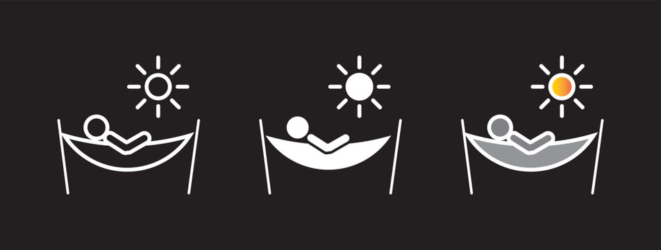 Person in hammock icon collection in black and white and colored style.Person relaxing on hammock icon thin flat outline style vector sign
