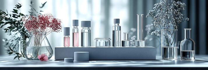 Monochromatic Laboratory Scene with Focused Glass Vial and Shelved Reports