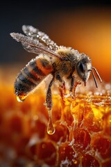 Naklejka premium Close-up of honeybee on honeycomb, drips of honey