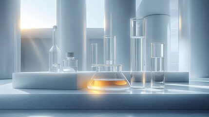 Monochromatic Laboratory Scene with Focused Glass Vial and Shelved Reports