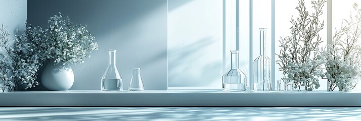 Monochromatic Laboratory Scene with Focused Glass Vial and Shelved Reports