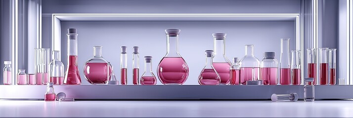 Monochromatic Laboratory Scene with Focused Glass Vial and Shelved Reports