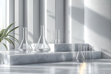 Monochromatic Laboratory Scene with Focused Glass Vial and Shelved Reports