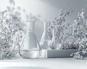 Monochromatic Laboratory Scene with Focused Glass Vial and Shelved Reports