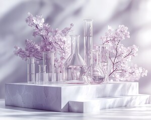 Monochromatic Laboratory Scene with Focused Glass Vial and Shelved Reports