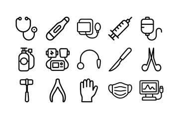Medical and healthcare device outline icon set. Digital health and hospital equipment linear icon pack. Stethoscope, Thermometer, Syringe, Defibrillator, Ultrasound, Scalpel, Forceps, Face mask