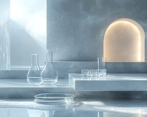 Monochromatic Laboratory Scene with Focused Glass Vial and Shelved Reports
