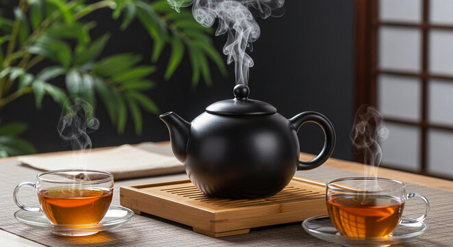 Photo of a steaming black teapot pours hot tea into two clear glass cups, creating a warm and inviting atmosphere