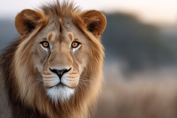 Fototapeta premium Majestic african lion staring intently in natural habitat at dusk
