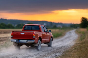 Red pickup truck on dusty rural road at sunset
