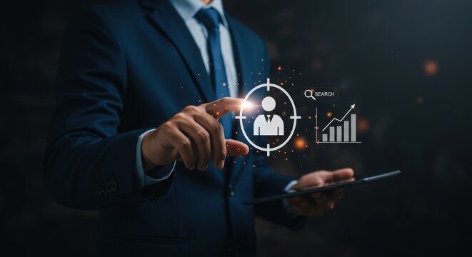 Businessman targets customer with digital analytics and growth charts