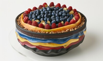 Fresh fruit tart with blueberries and raspberries in decorative bowl overhead
