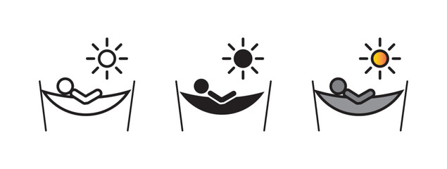 Naklejka premium Person in hammock icon collection in black and white and colored style.Person relaxing on hammock icon thin flat outline style vector sign 