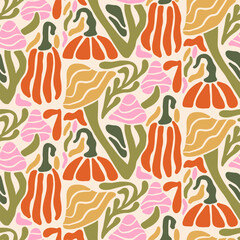 Fall Matisse illustration. Art Nouveau landscape panorama with Autumn Pumpkins and Mushrooms. Tile seamless pattern in groovy 60s 70s vibes. 