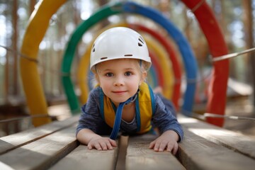 Caucasian young girl in adventure park wearing helmet and safety gear