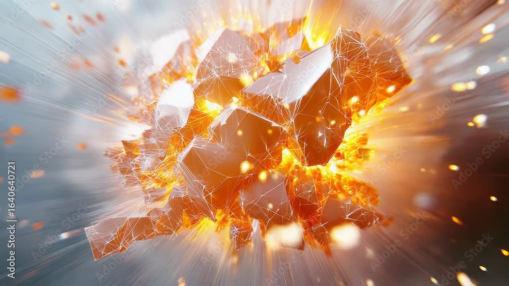 Wall mural powerful explosion creating orange shards with network connections