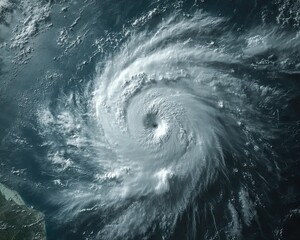 A panoramic view of a hurricane from space, highlighting the swirling cloud patterns and the vastness of the storm, 8k, realistic 