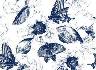 Chinoiserie Inspired Toile de Jouy seamless pattern. Exotic Butterflies and flowers in Monochrome Elegance