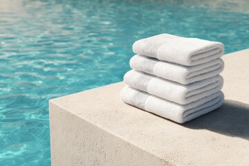 White towels neatly stacked on a ledge beside a sparkling blue swimming pool creating a relaxing atmosphere for guests at a sunny resort