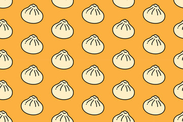 bakpao dumpling seamless pattern on yellow background. dimsum chinese food colorful doodle pattern background. bapao asian snack isolated motif wallpaper. food, restaurant packaging and merchandise