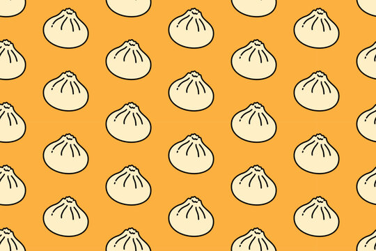 bakpao dumpling seamless pattern on yellow background. dimsum chinese food colorful doodle pattern background. bapao asian snack isolated motif wallpaper. food, restaurant packaging and merchandise