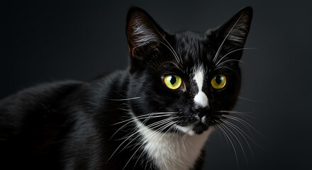 Elegant black and white cat with piercing yellow eyes and sleek fur