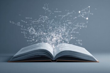 Open book emitting glowing formulas and diagrams in a gray setting