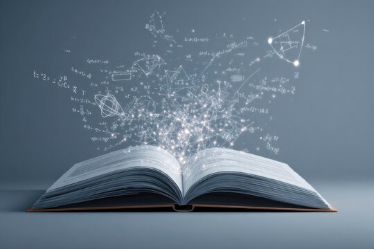 Open book emitting glowing formulas and diagrams in a gray setting