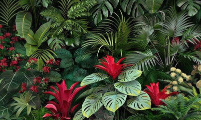 Fototapeta premium Lush green tropical plant and red bromeliad botanical background