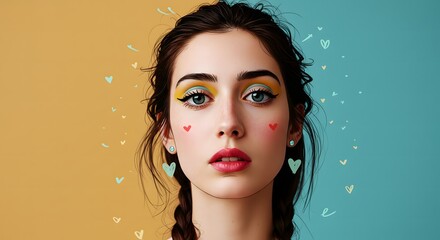 Beautiful Fashion Portrait of Young Woman with Artistic Heart Accents on Colorful Background