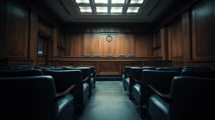 Empty Courtroom with Wooden Paneling and Seating, Justice System and Law Concept