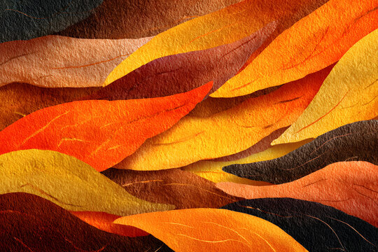 background with leaves, fall or autumn background in orange brown and gold colors with painted watercolor texture and grunge on abstract wavy striped shape pattern, thanksgiving or October background