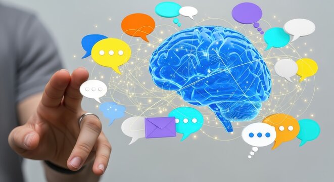 Conceptual Image of Holographic Brain with Speech Bubbles Displaying Communication and Intelligence within a Digital Network