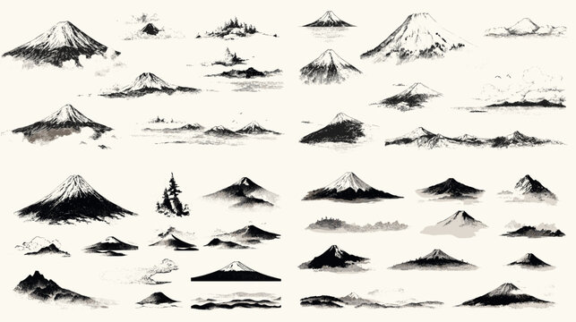 Traditional ink sketch illustrations of Mount Fuji and mountain landscapes, Japanese sumi-e brush painting style artwork set.