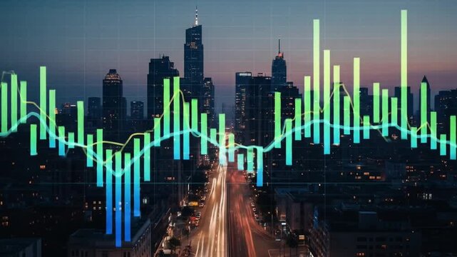 Analyzing City Skyline with Financial Data Visualization Overlay Time Lapse