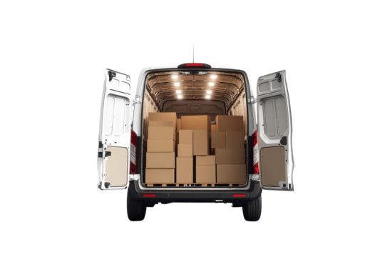 Cargo van is filled with boxes and parked in a spacious area, ready for deliveries on a sunny day