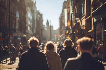 Obraz premium Group of people enjoying a sunny day while walking down a bustling city street filled with shops and lively pedestrians during the afternoon hours