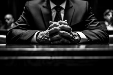 Serious African American man, 50 years old, sits with clasped hands in formal suit. Somber mood reflects serious context of conference room.