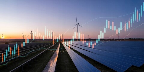 Sustainable Energy Market - Wind turbines and solar panels at sunset, with an overlay of a financial chart, symbolizing the clean energy market